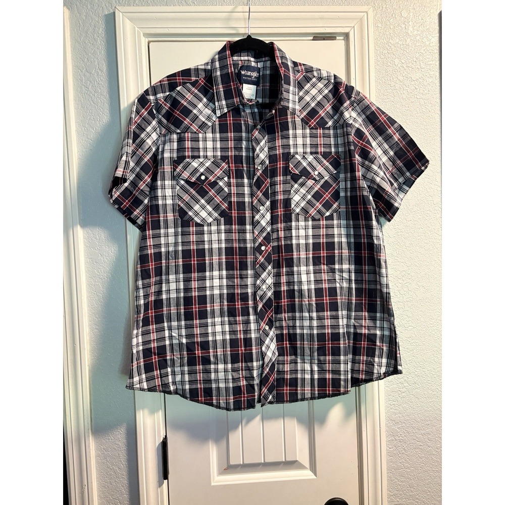 Wrangler Western Shirt Mens XL Plaid Navy Blue Red Short Sleeve Snap Button Up